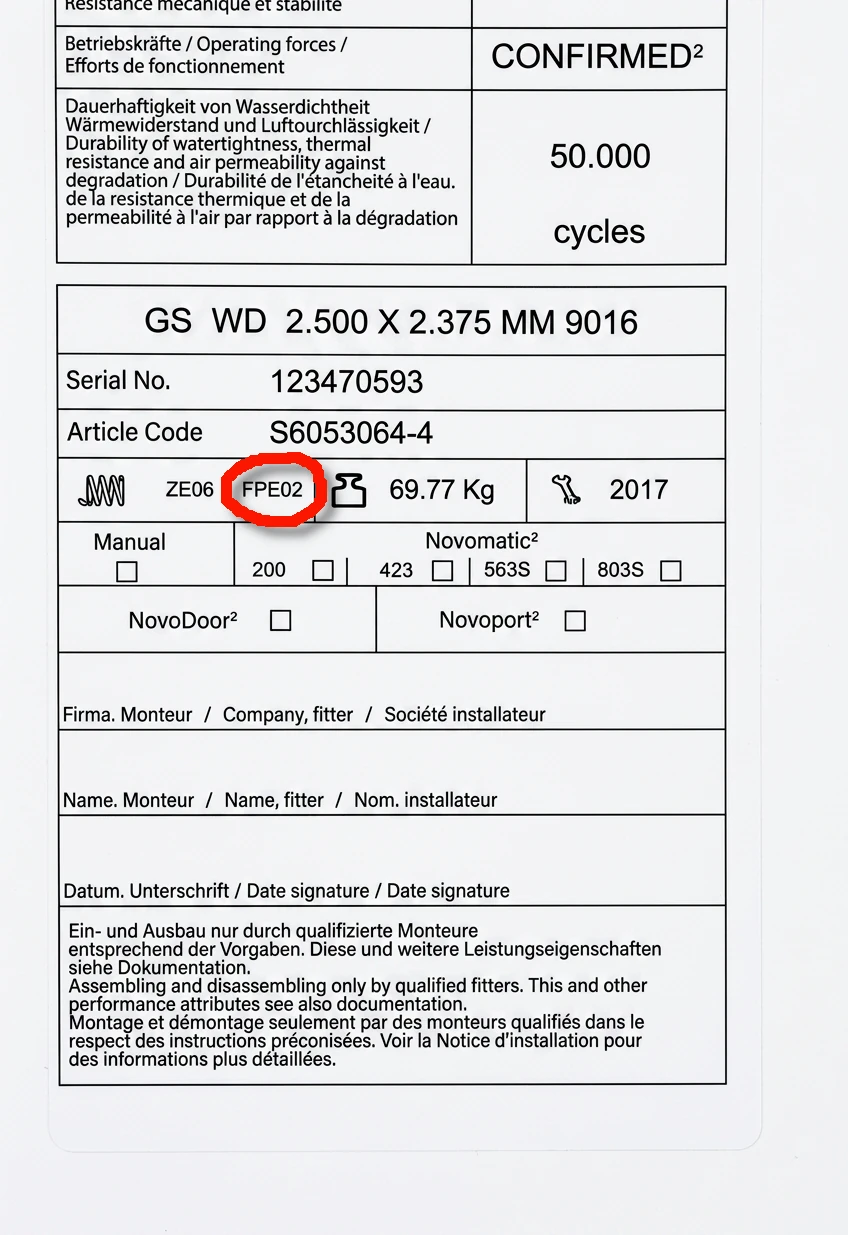 Placa de identificação da mola de tração vertical Novoferm