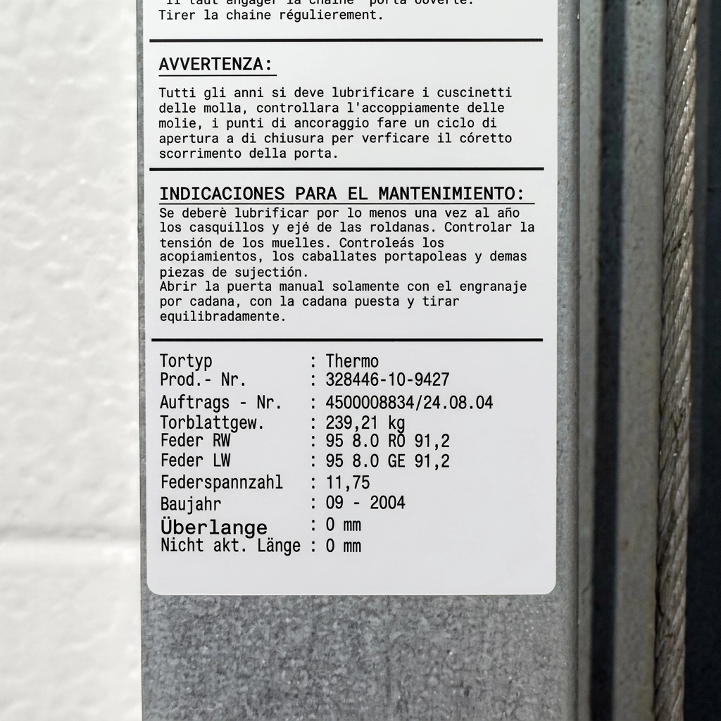 Placa de identificação da porta industrial Novoferm