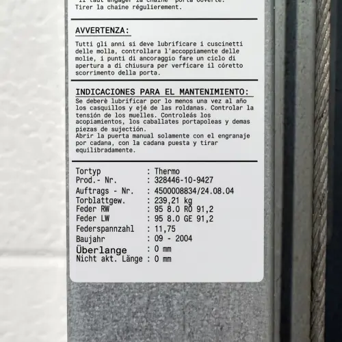 Placa de identificação da porta industrial Novoferm